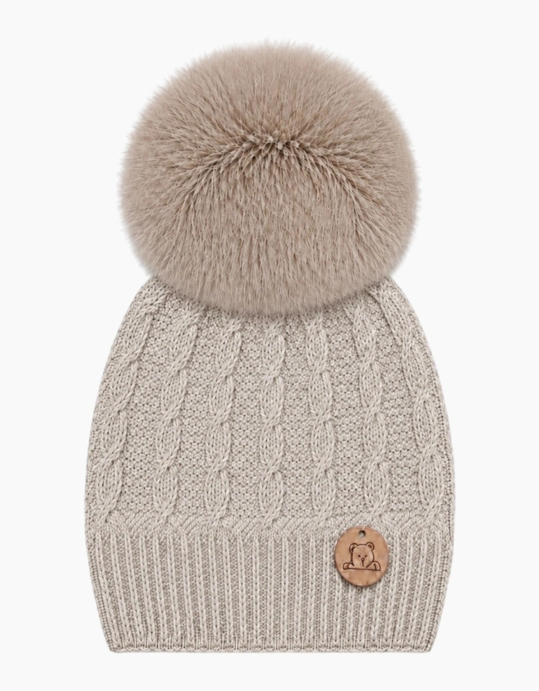 Light Camel Knit Faux Fur Cable Hat
