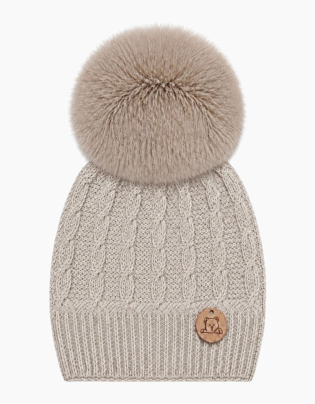 Light Camel Knit Faux Fur Cable Hat
