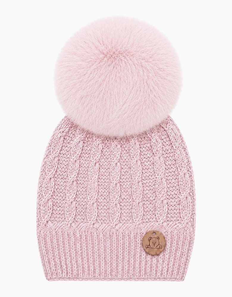 Powder Pink Knit Real Fur Cable Hat