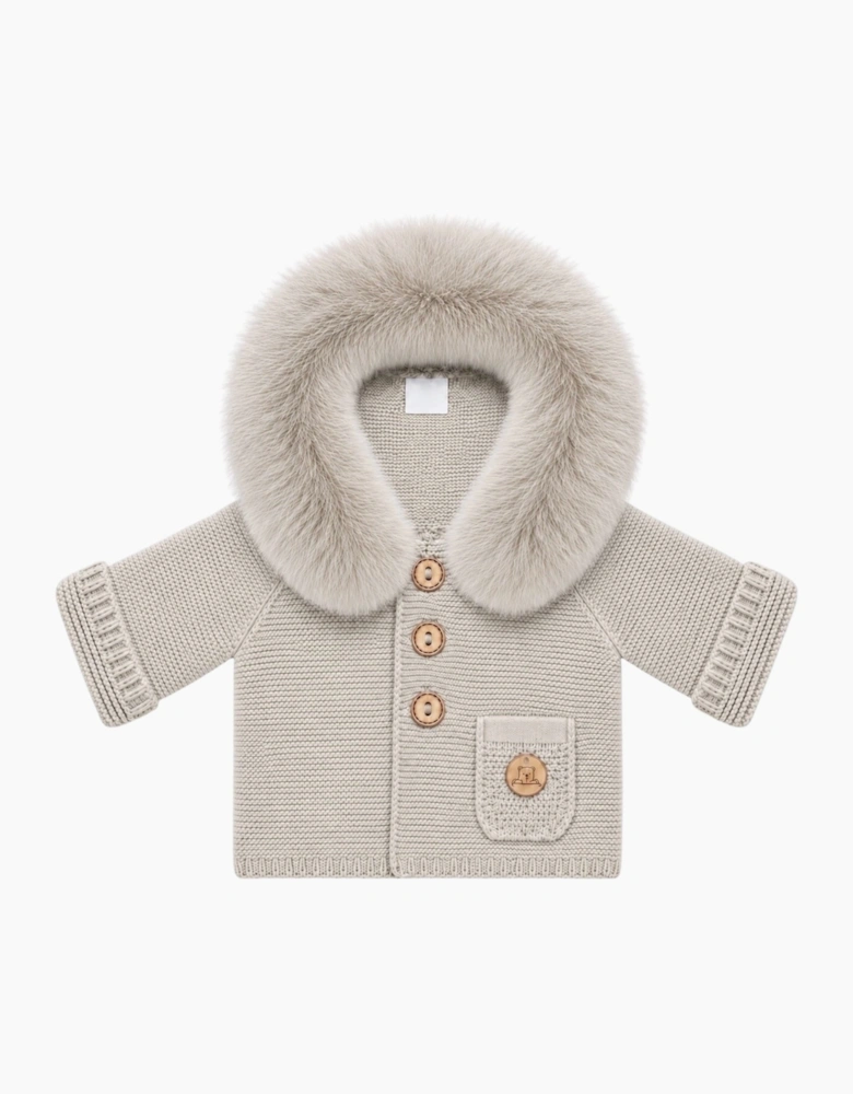 Light Camel Knit Real Fur Trim Cardigan