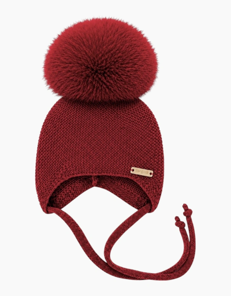 Dark Red Knit Real Fur Tie Hat