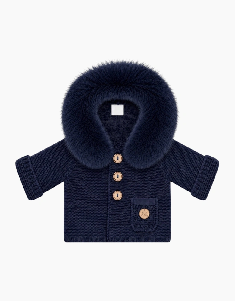 Navy Knit Real Fur Trim Cardigan
