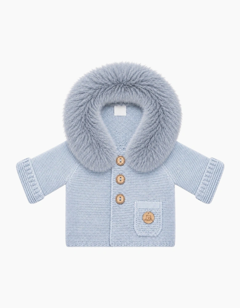Powder Blue Knit Faux Fur Trim Cardigan