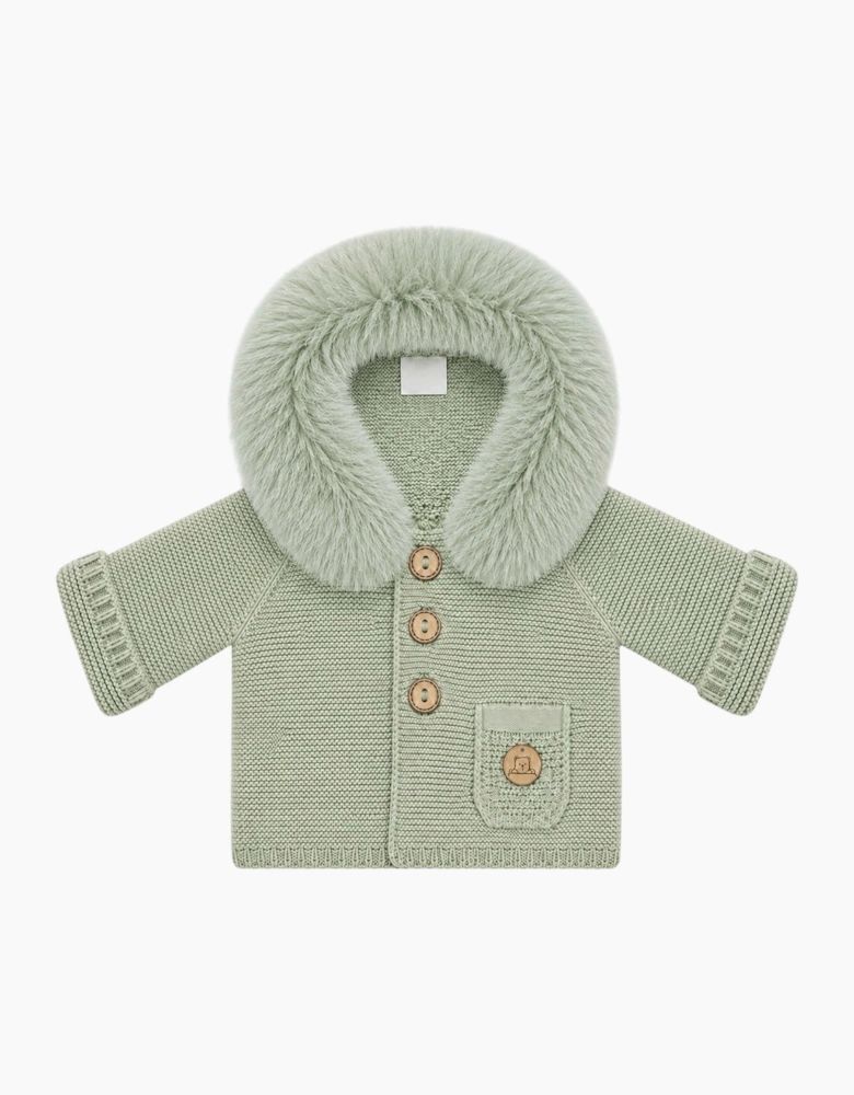 Soft Green Knit Real Fur Trim Cardigan