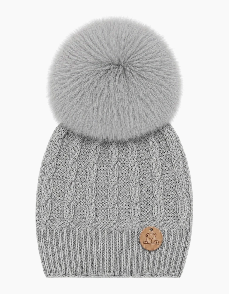 Grey Knit Real Fur Cable Hat