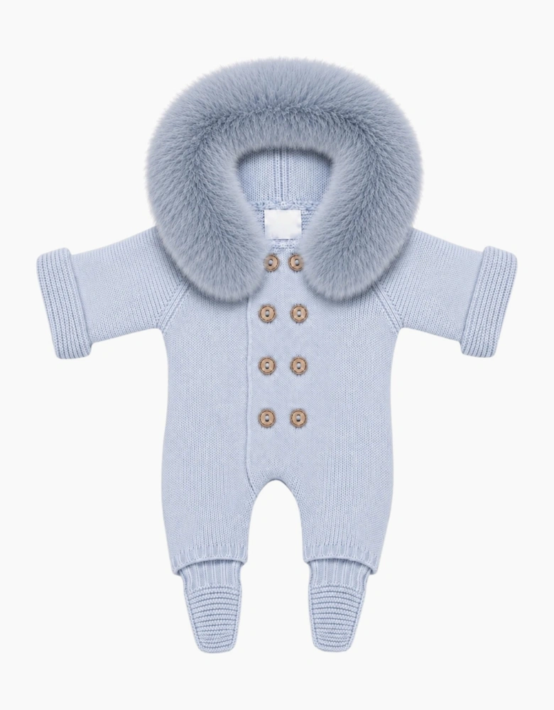 Powder Blue Knit Faux Fur Trim Pramsuit
