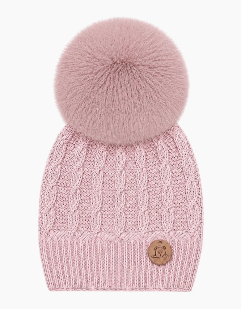 Powder Pink Knit Faux Fur Cable Hat