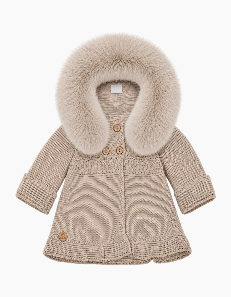 Deep Sand Knit Real Fur Trim Cardigan