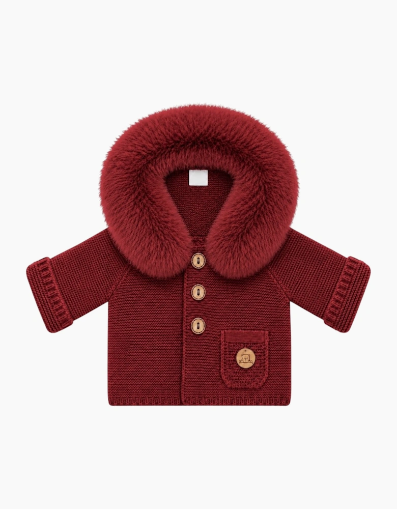 Dark Red Knit Real Fur Trim Cardigan