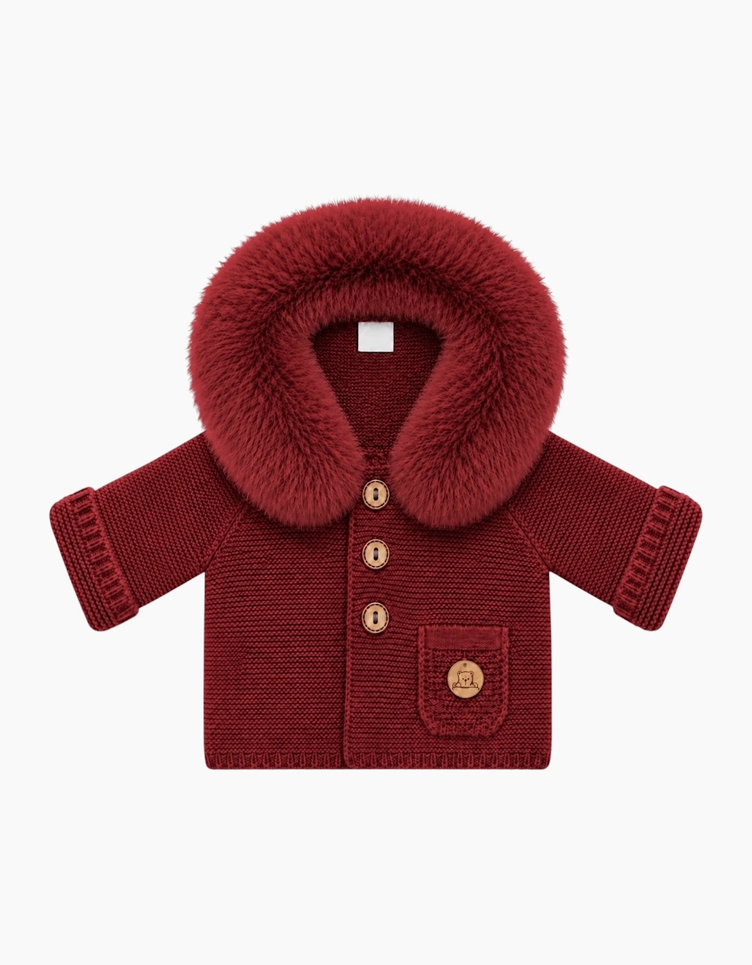 Dark Red Knit Real Fur Trim Cardigan