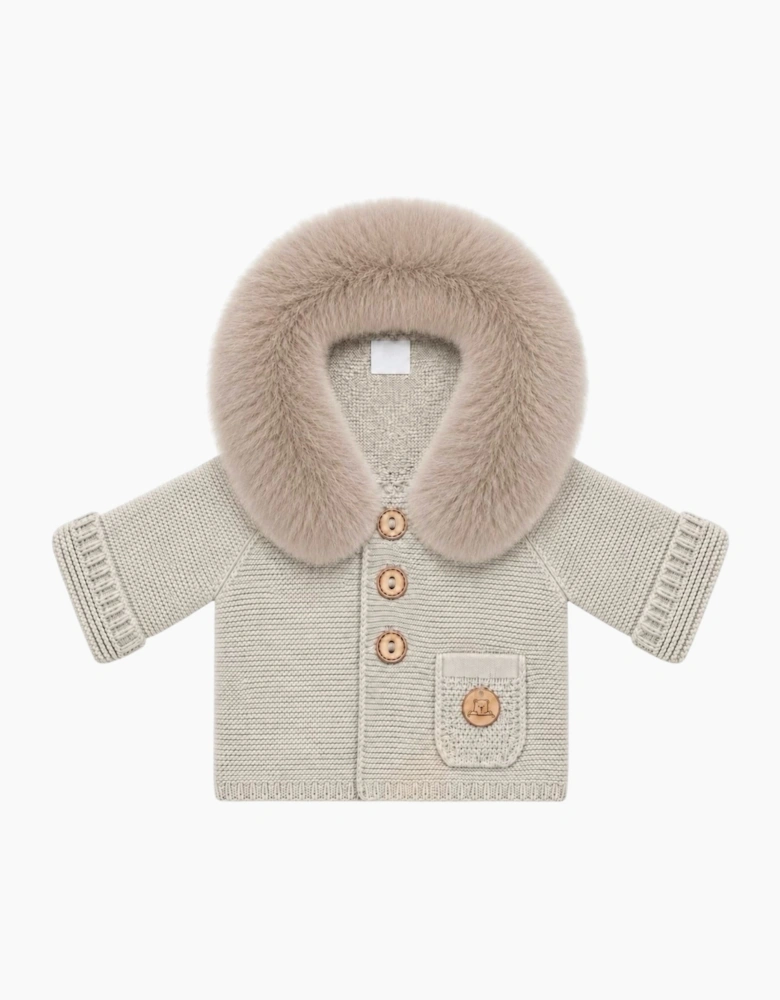 Light Camel Knit Faux Fur Trim Cardigan