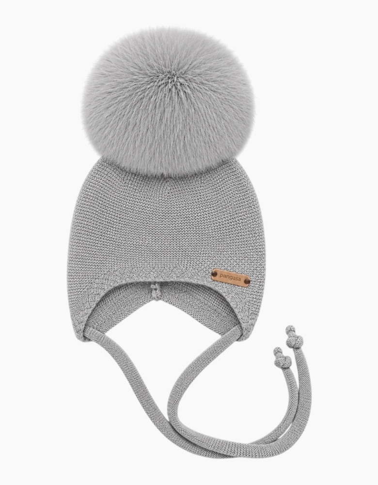 Grey Knit Real Fur Tie Hat