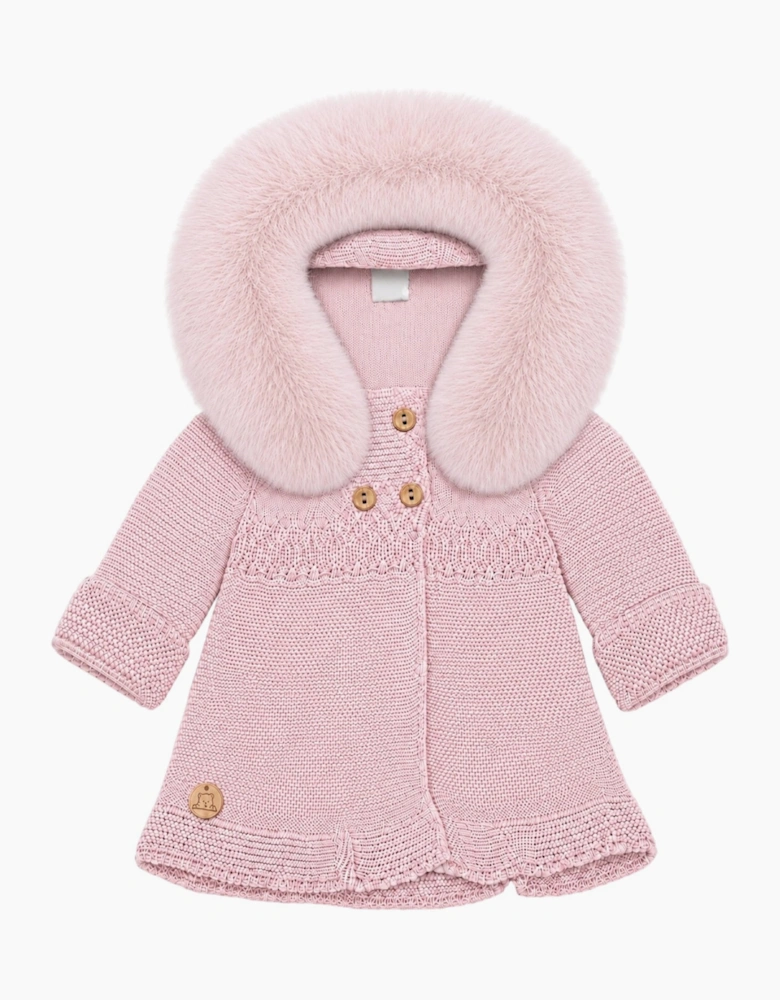 Powder Pink Knit Real Fur Trim Cardigan