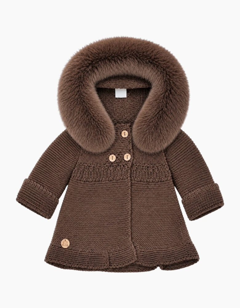 Chocolate Brown Knit Real Fur Trim Cardigan