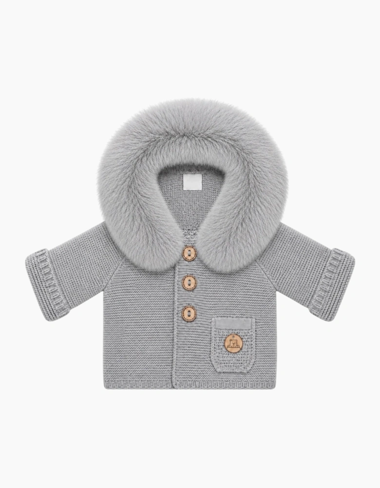 Grey Knit Real Fur Trim Cardigan