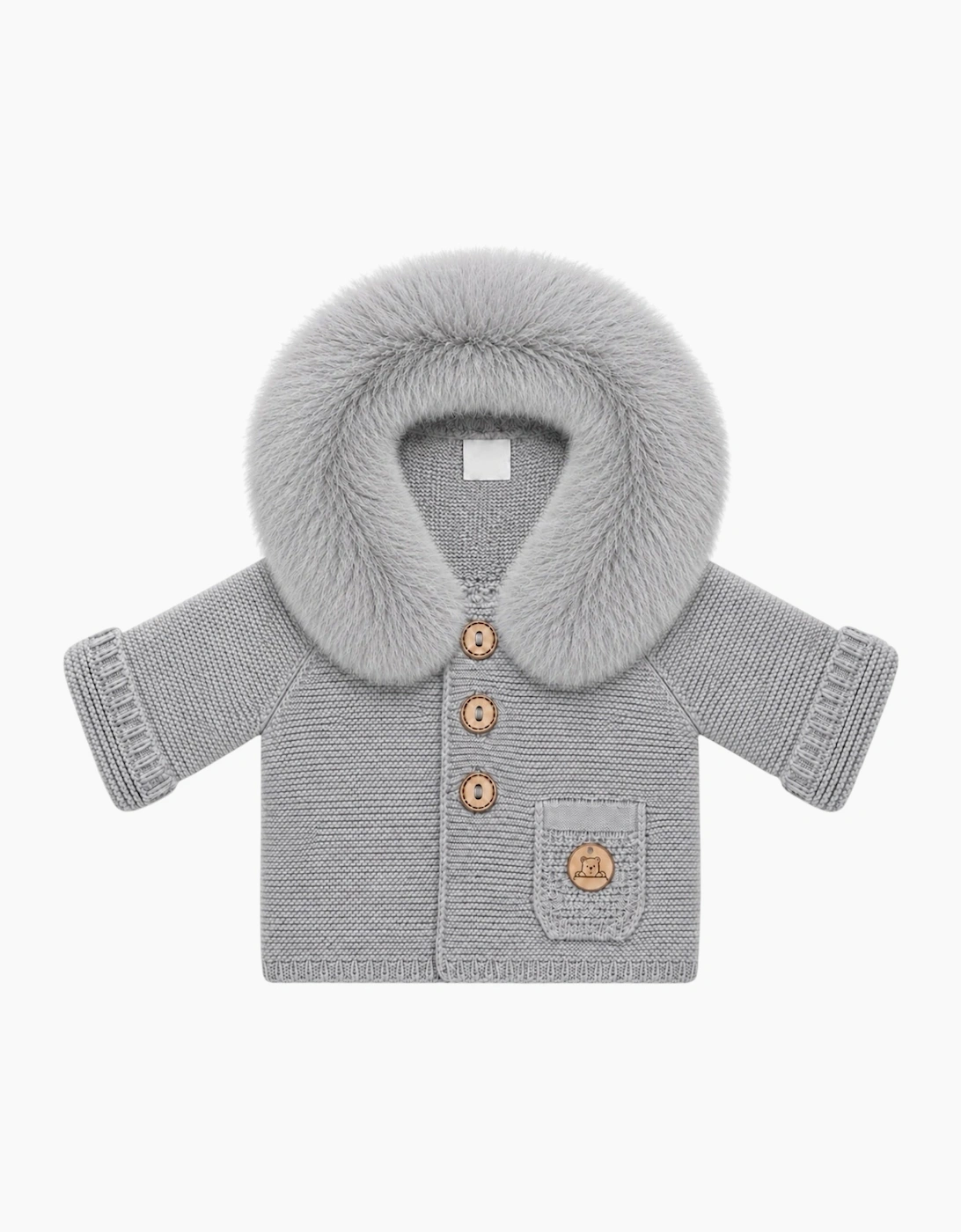 Grey Knit Real Fur Trim Cardigan