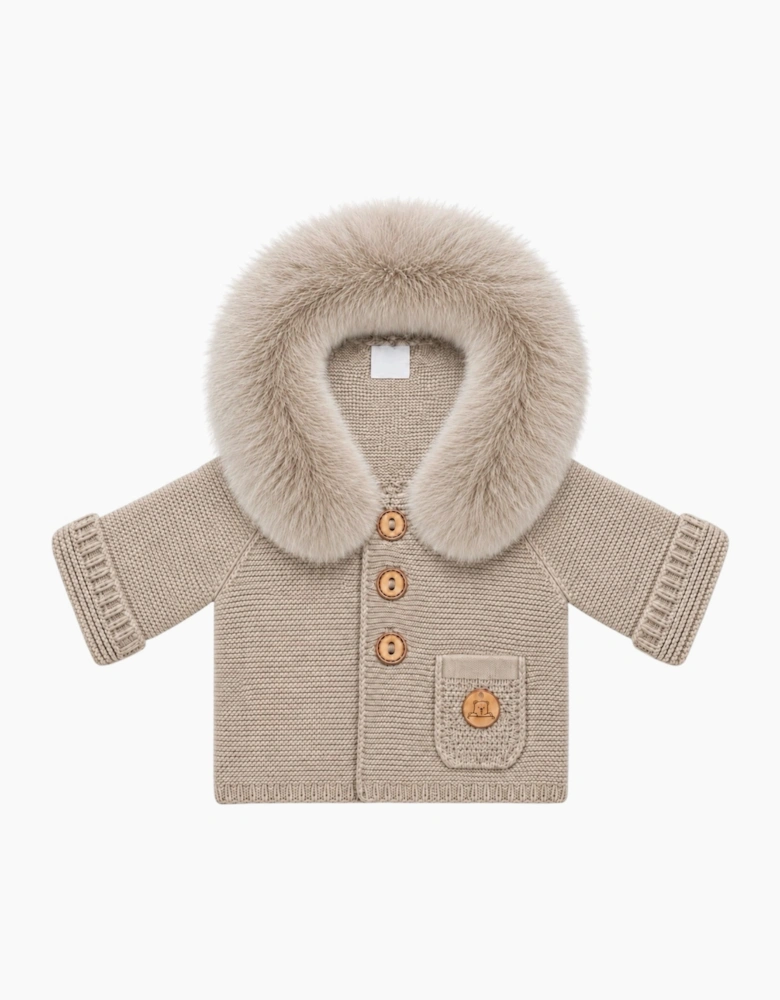 Deep Sand Knit Real Fur Trim Cardigan