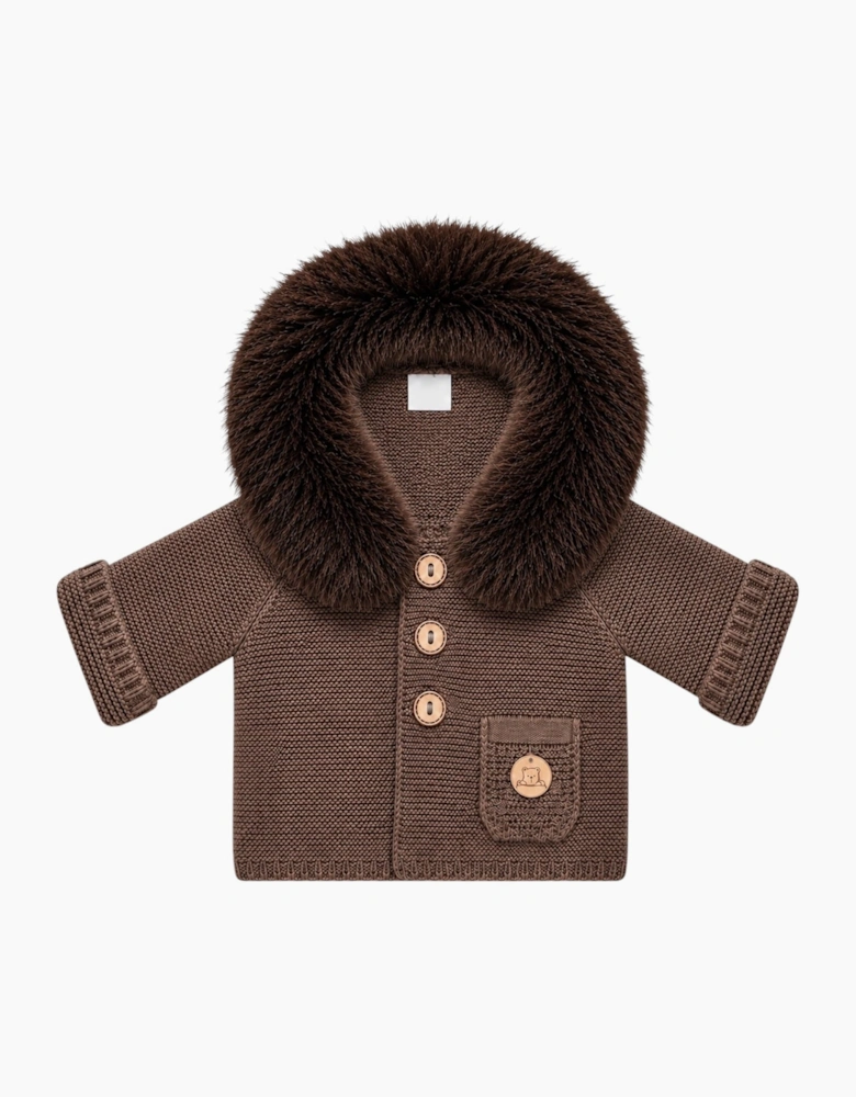 Chocolate Brown Knit Faux Fur Trim Cardigan
