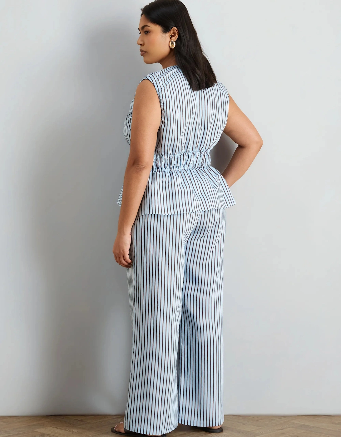 Blue And Chocolate Striped Wide Leg Trouser