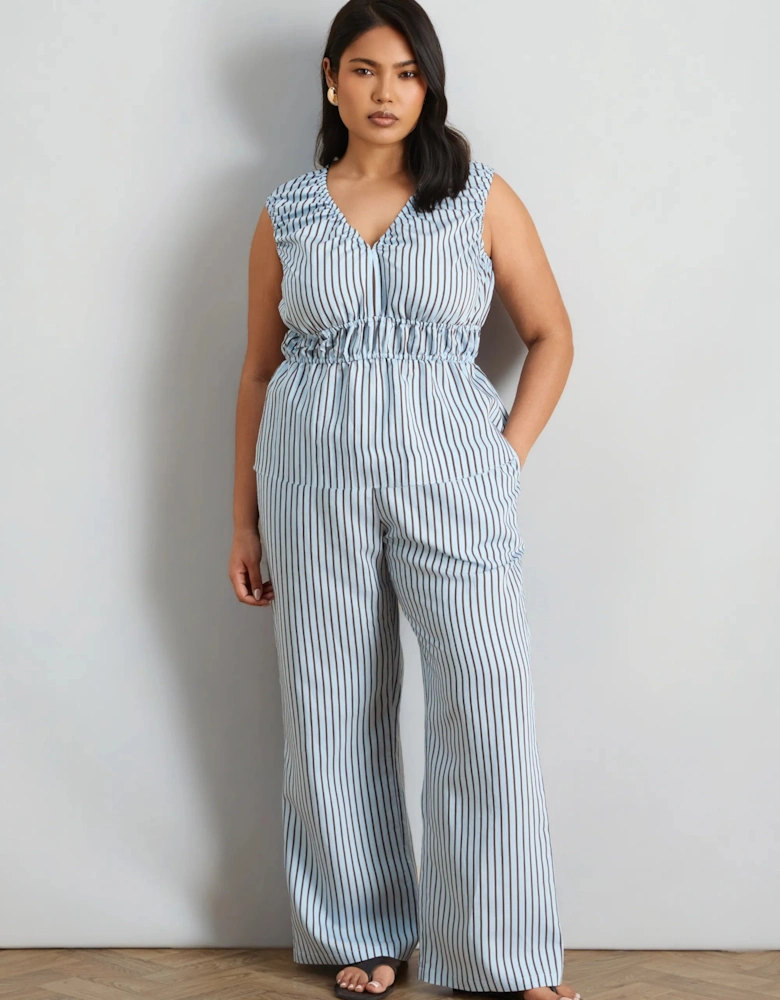 Blue And Chocolate Stripe V Neck Elasticated Peplum Top