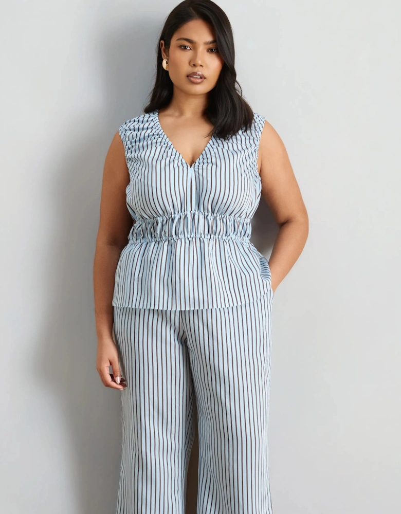 Blue And Chocolate Stripe V Neck Elasticated Peplum Top