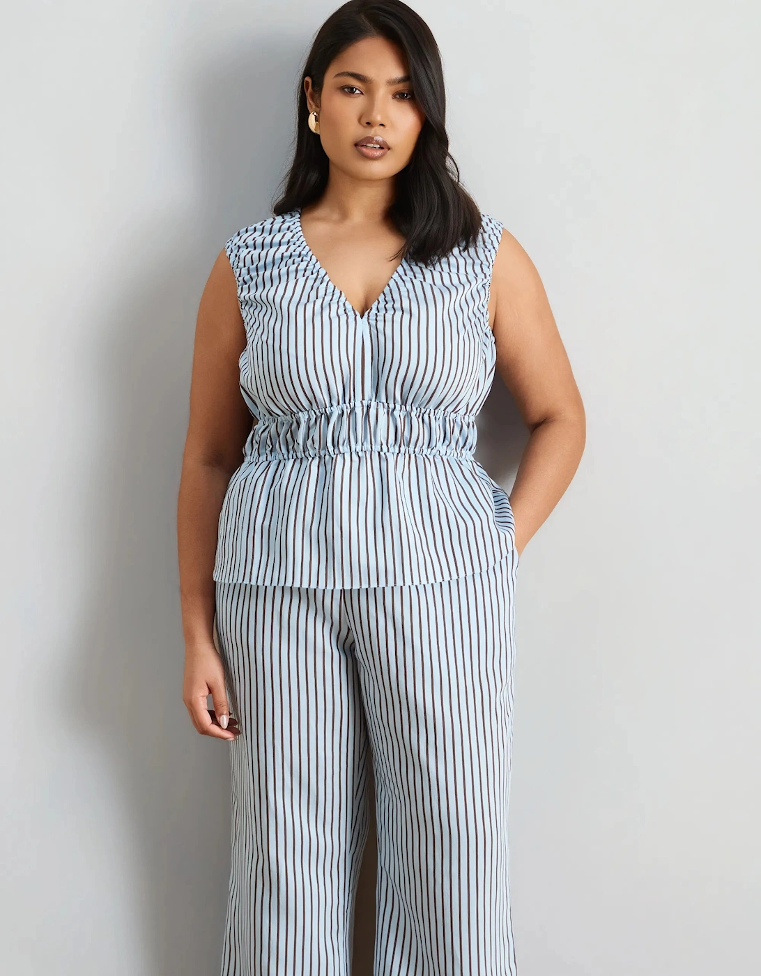 Blue And Chocolate Stripe V Neck Elasticated Peplum Top