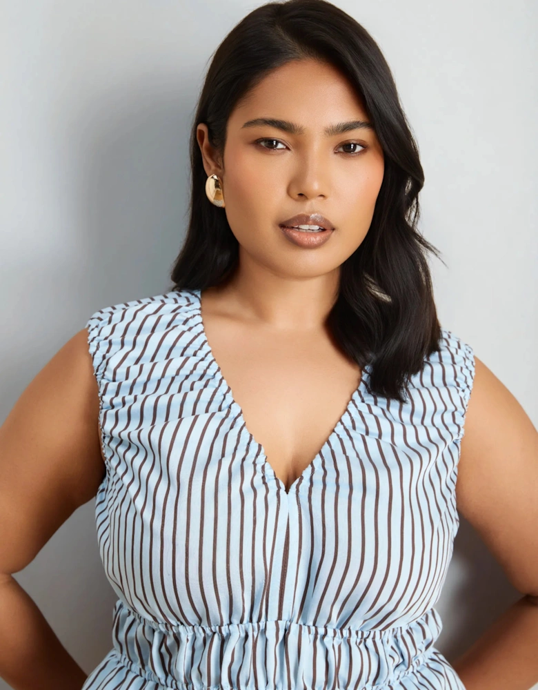 Blue And Chocolate Stripe V Neck Elasticated Peplum Top