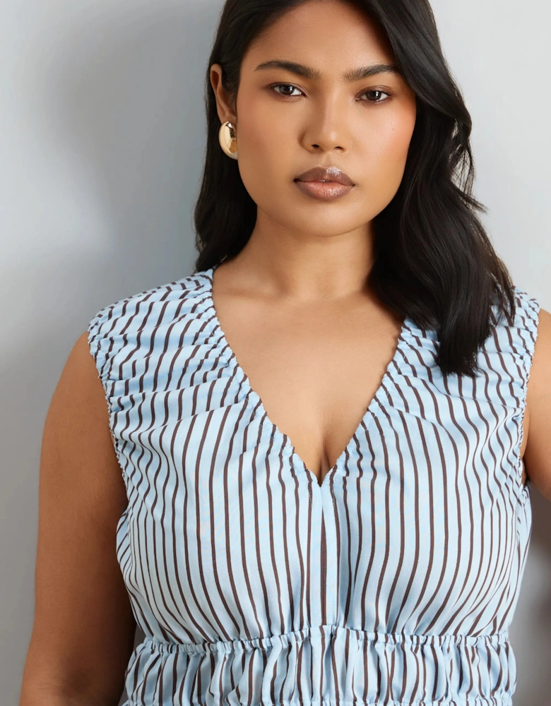 Blue And Chocolate Stripe V Neck Elasticated Peplum Top