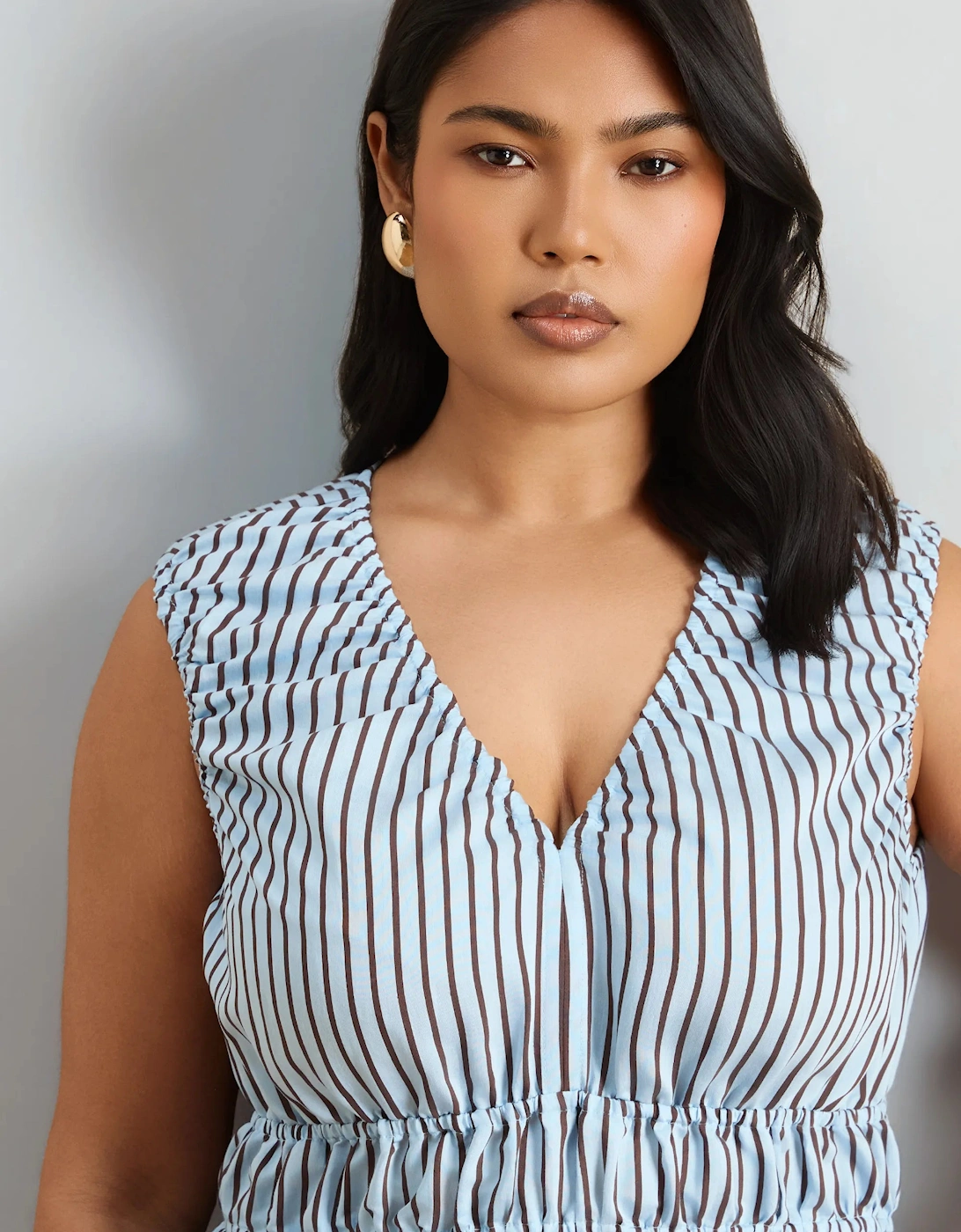 Blue And Chocolate Stripe V Neck Elasticated Peplum Top