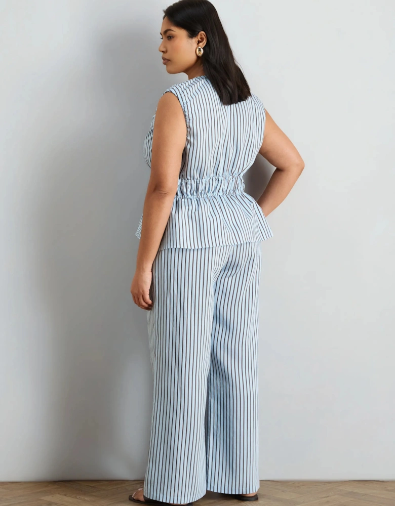 Blue And Chocolate Stripe V Neck Elasticated Peplum Top
