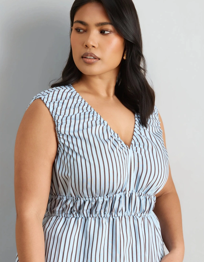 Blue And Chocolate Stripe V Neck Elasticated Peplum Top