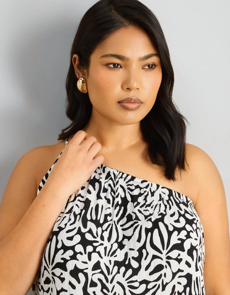 Mono Print One Shoulder Crinkle Maxi Dress