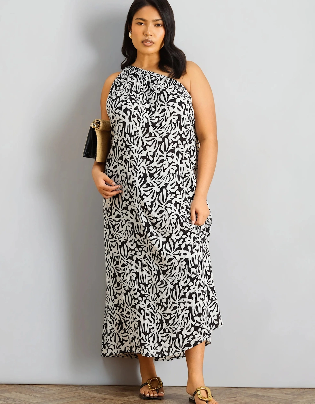 Mono Print One Shoulder Crinkle Maxi Dress