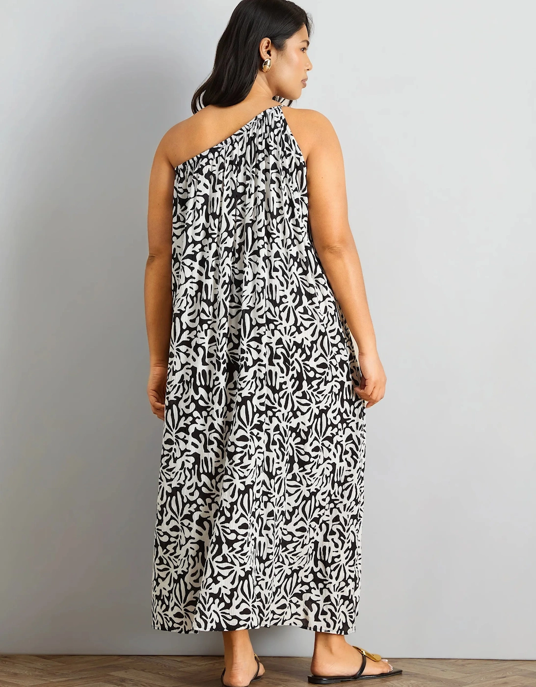 Mono Print One Shoulder Crinkle Maxi Dress