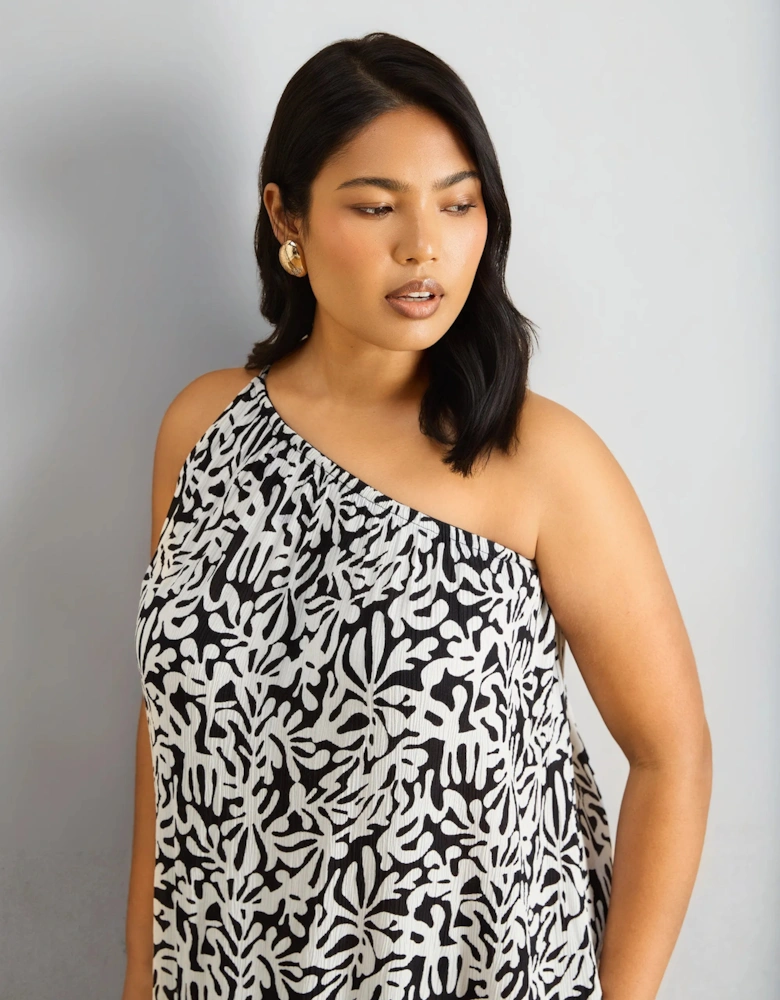 Mono Print One Shoulder Crinkle Maxi Dress
