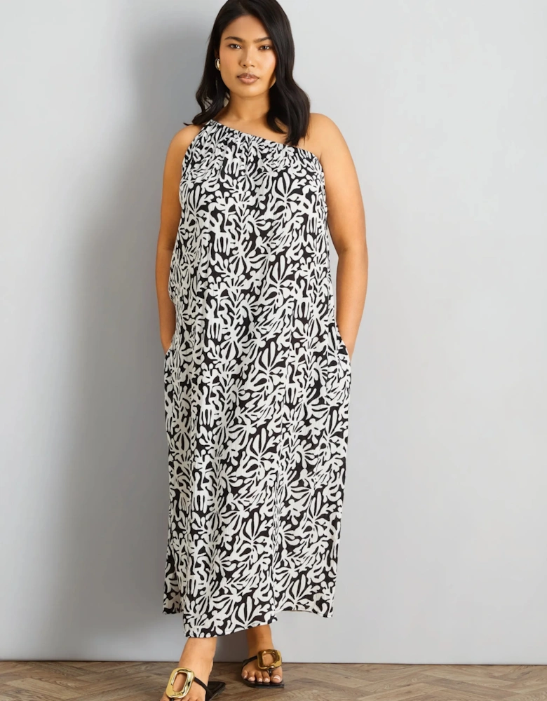 Mono Print One Shoulder Crinkle Maxi Dress