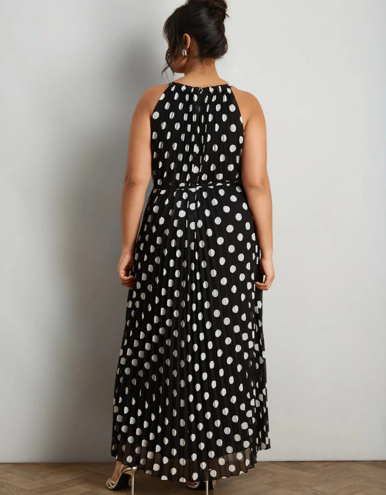 Black And White Spot Print Halter Neck Pleated Maxi Dress