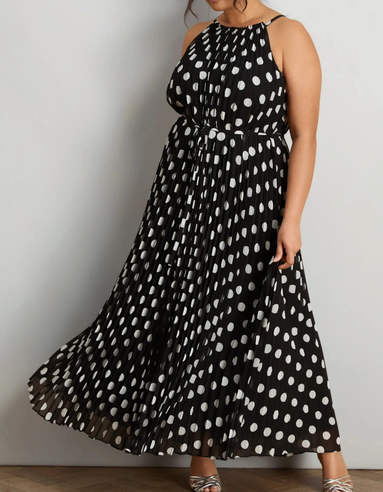 Black And White Spot Print Halter Neck Pleated Maxi Dress