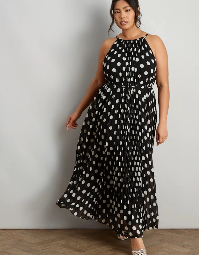Black And White Spot Print Halter Neck Pleated Maxi Dress
