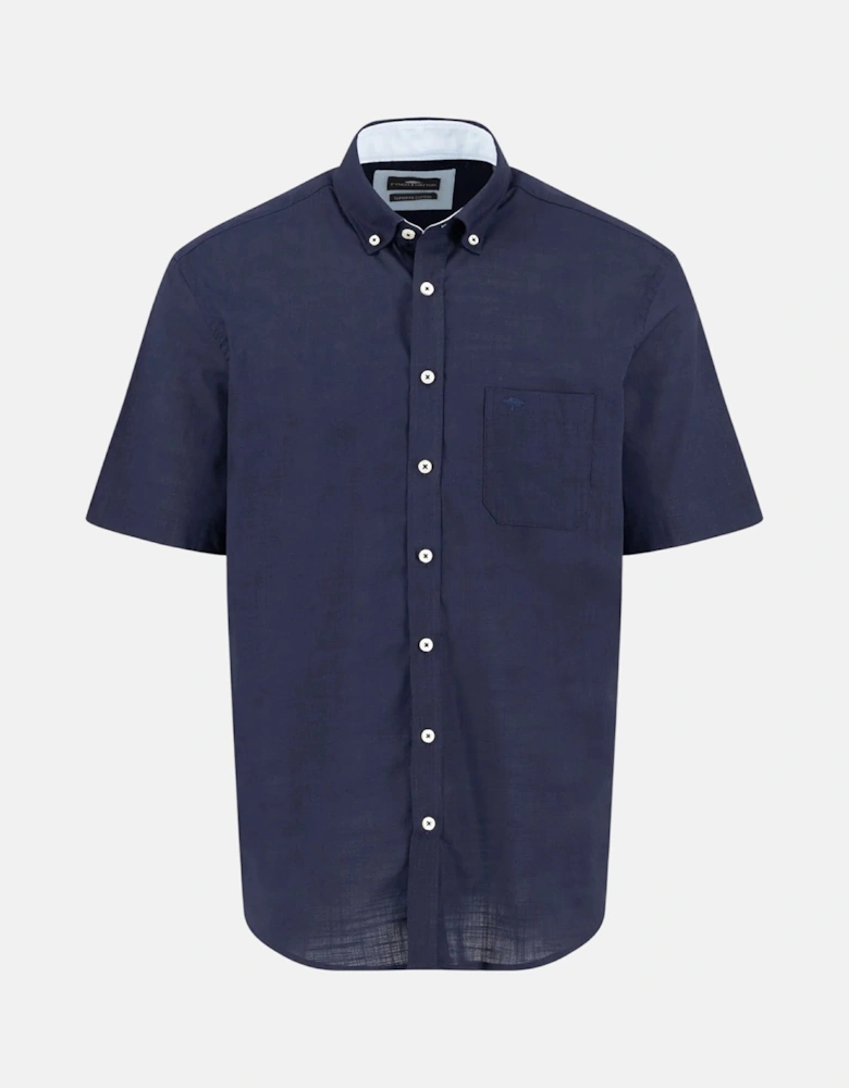 Solid Slub Button Down Short Sleeved Shirt Navy