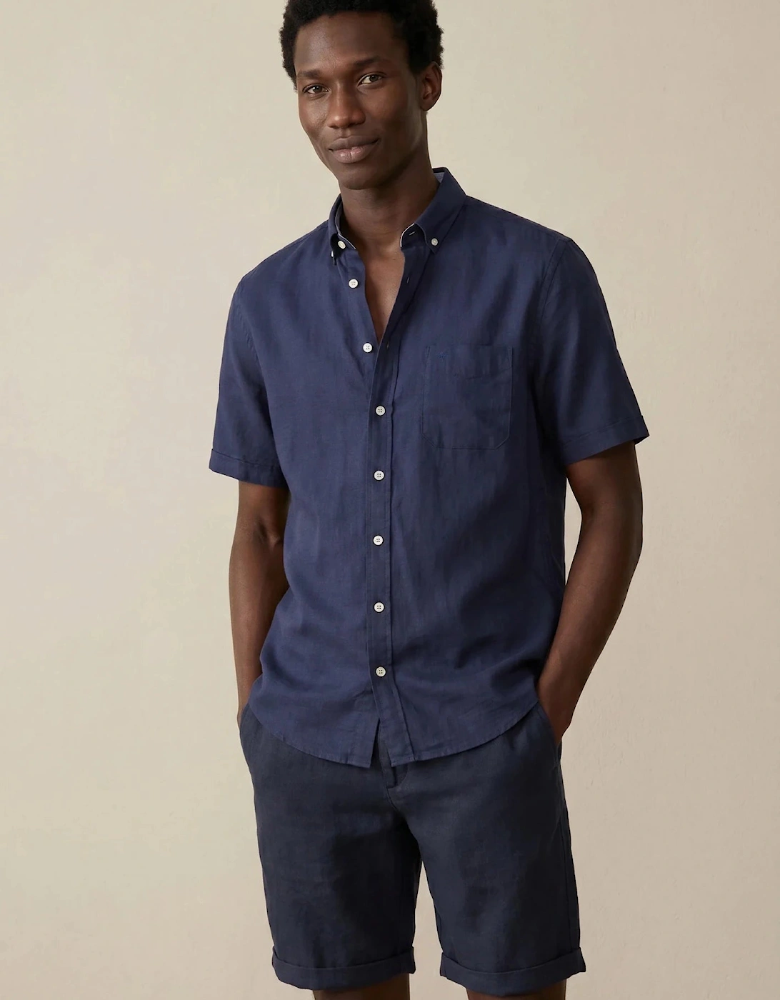 Solid Slub Button Down Short Sleeved Shirt Navy