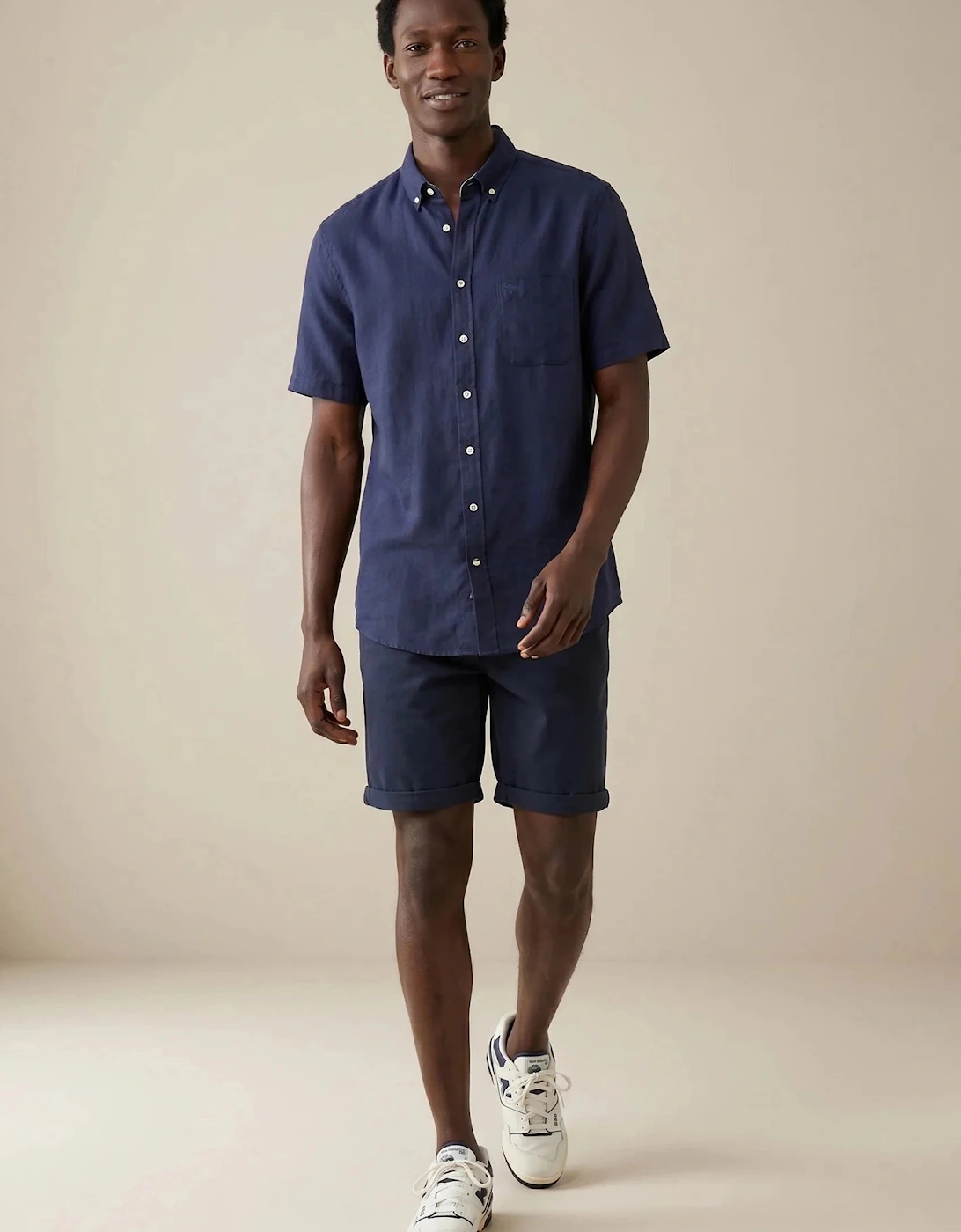 Solid Slub Button Down Short Sleeved Shirt Navy
