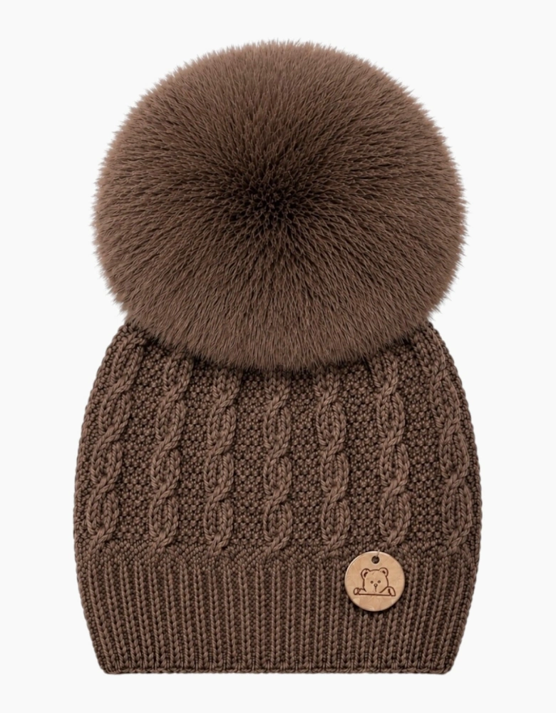 Chocolate Brown Knit Real Fur Cable Hat