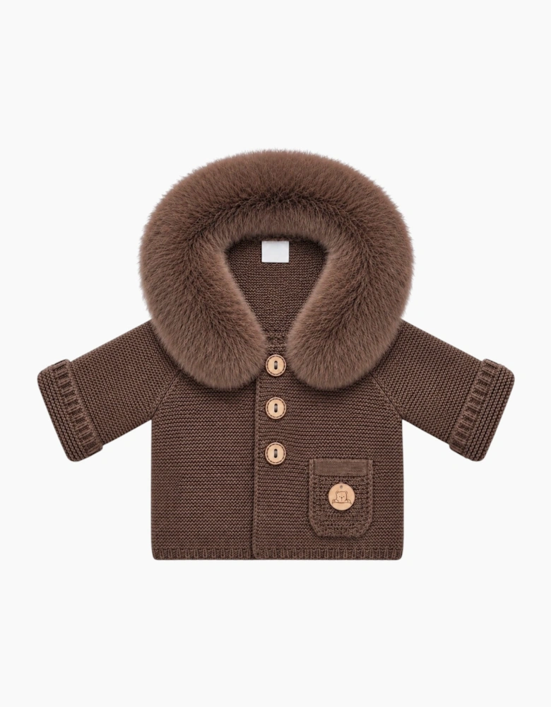 Chocolate Brown Knit Real Fur Trim Cardigan