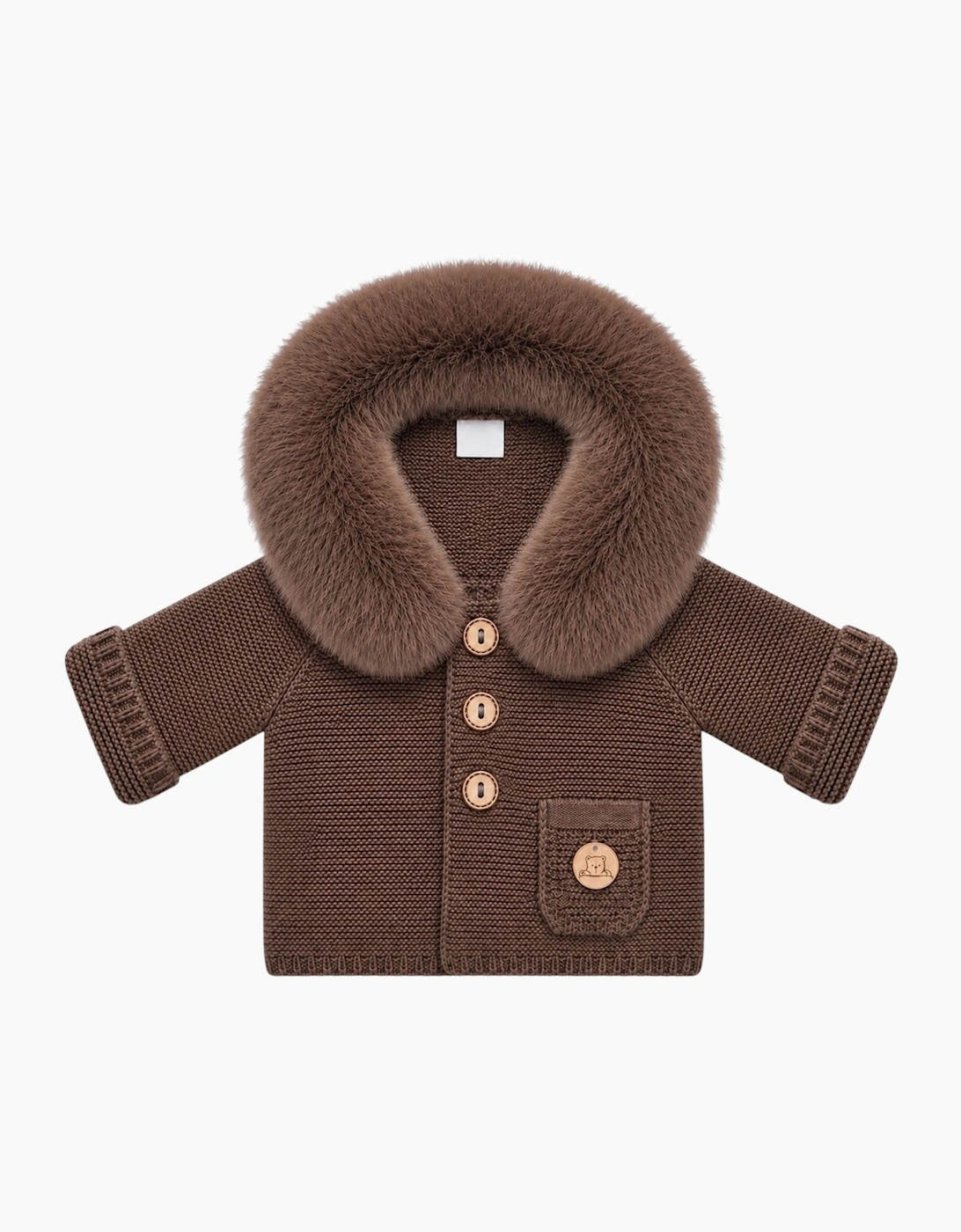 Chocolate Brown Knit Real Fur Trim Cardigan