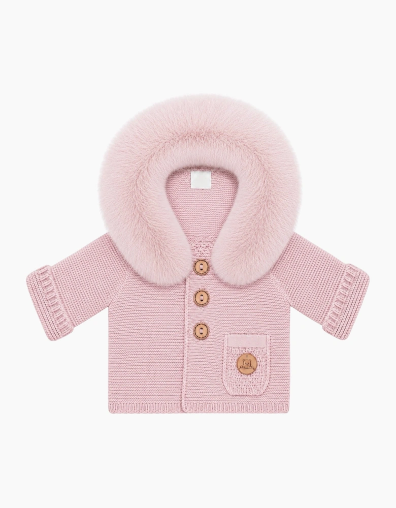 Powder Pink Knit Real Fur Trim Cardigan