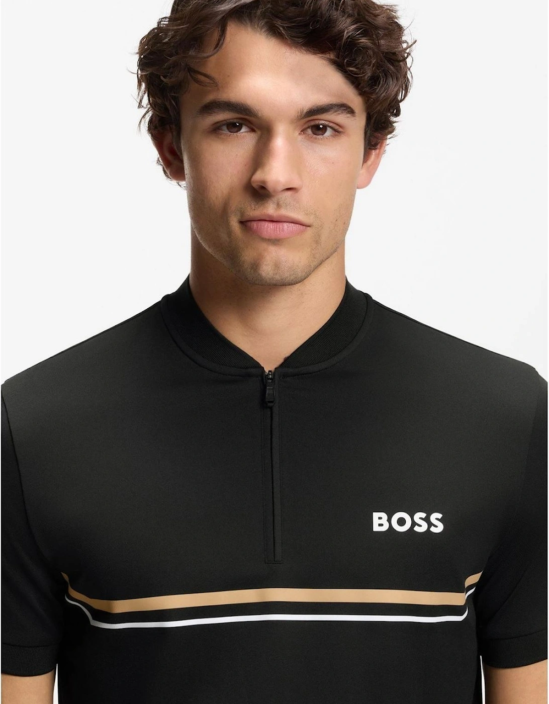 Wordmark Graphic Zip Neck Band Collar Slim Fit Polo T-Shirt