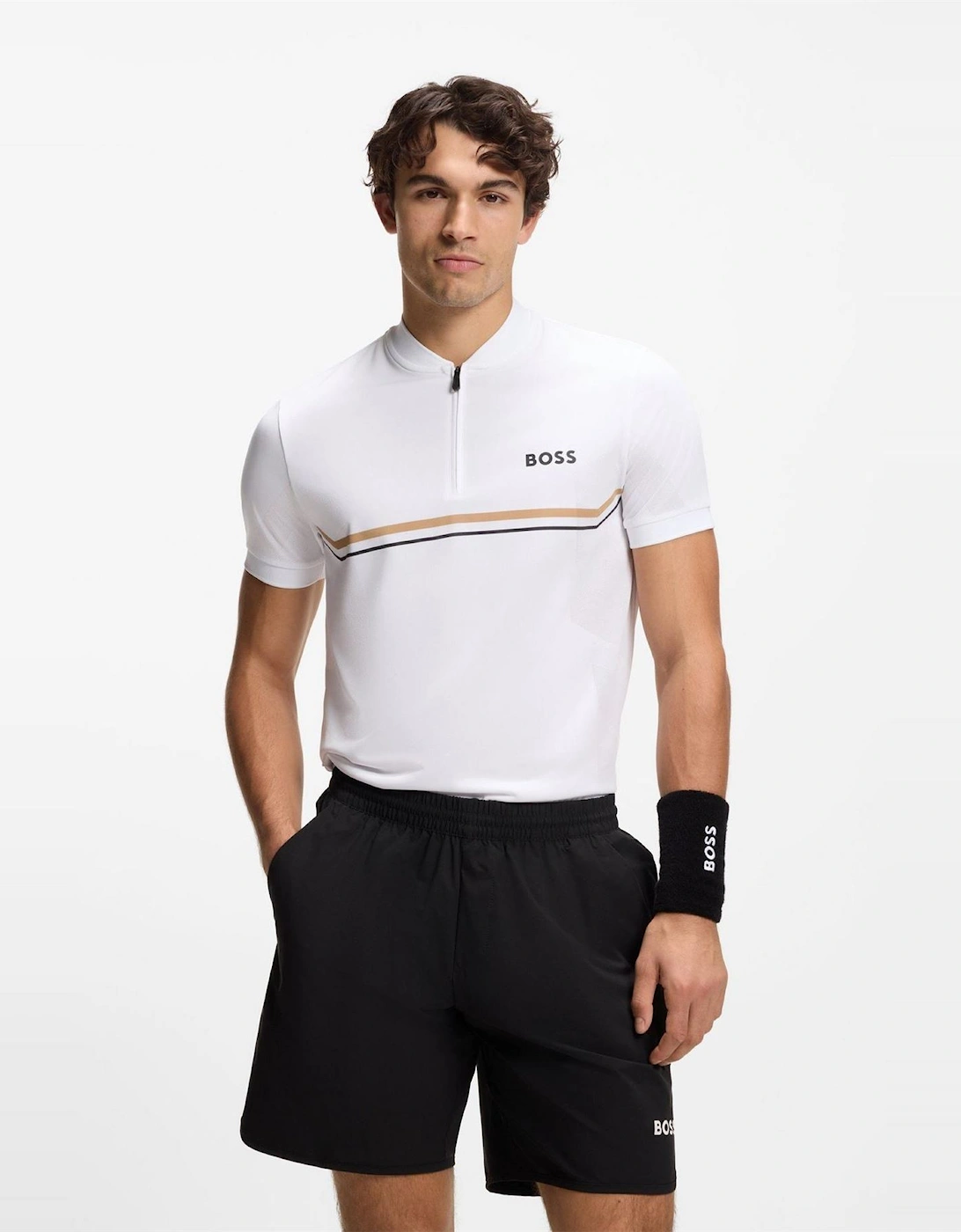 Wordmark Graphic Zip Neck Band Collar Slim Fit Polo T-Shirt