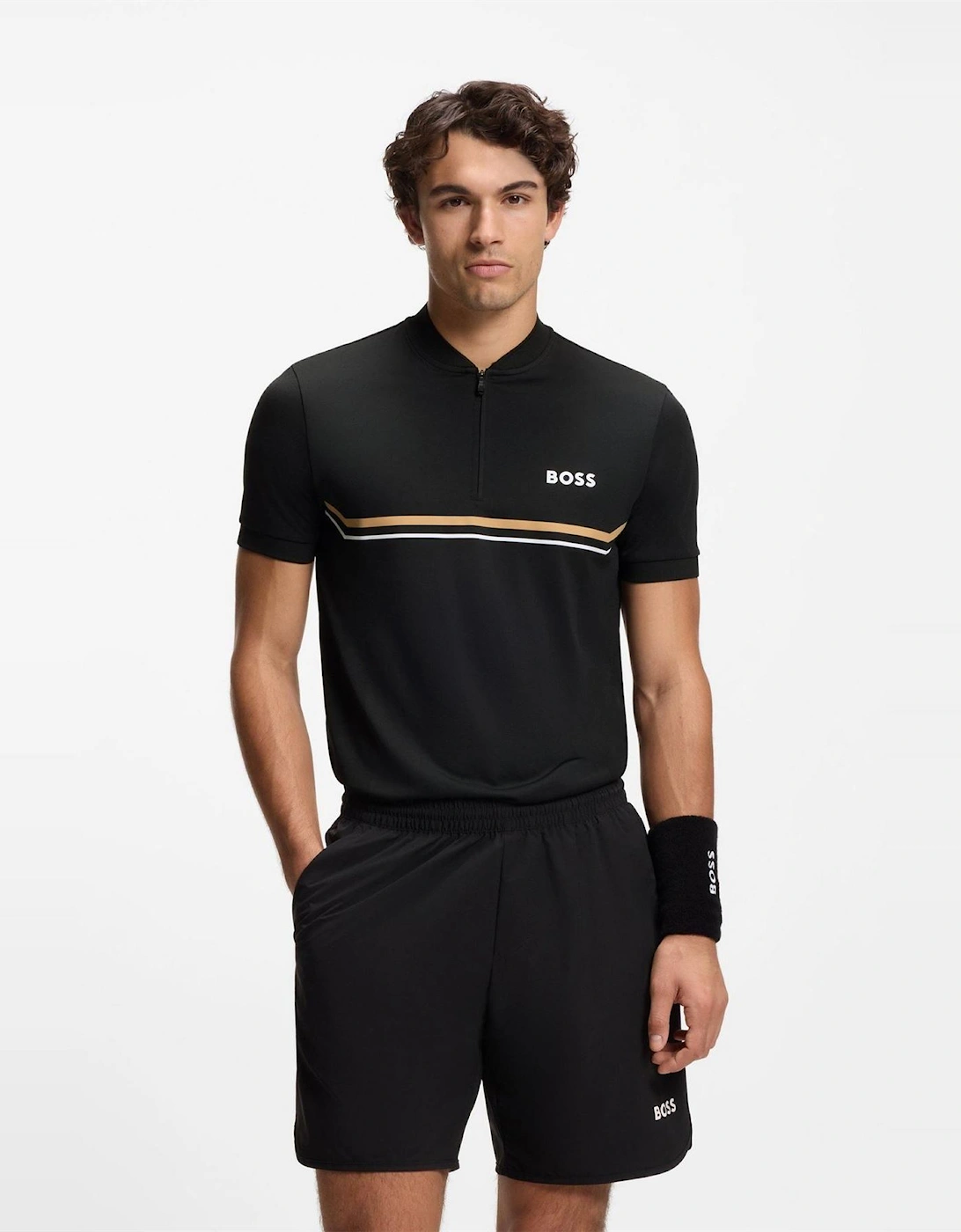 Wordmark Graphic Zip Neck Band Collar Slim Fit Polo T-Shirt