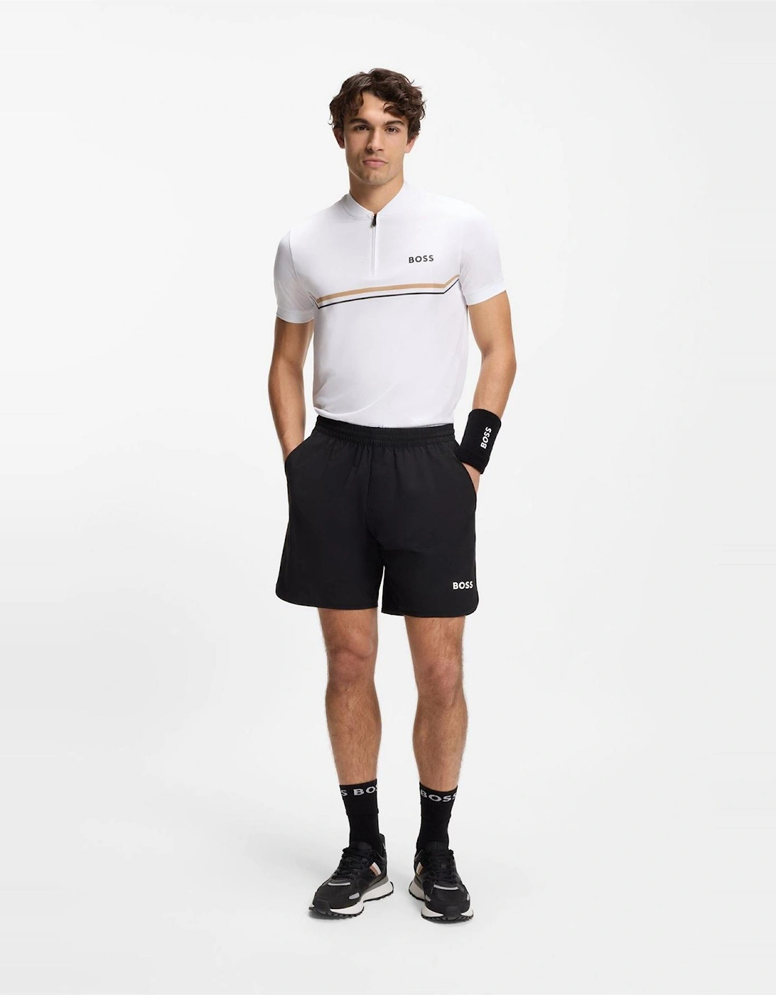 Wordmark Graphic Zip Neck Band Collar Slim Fit Polo T-Shirt